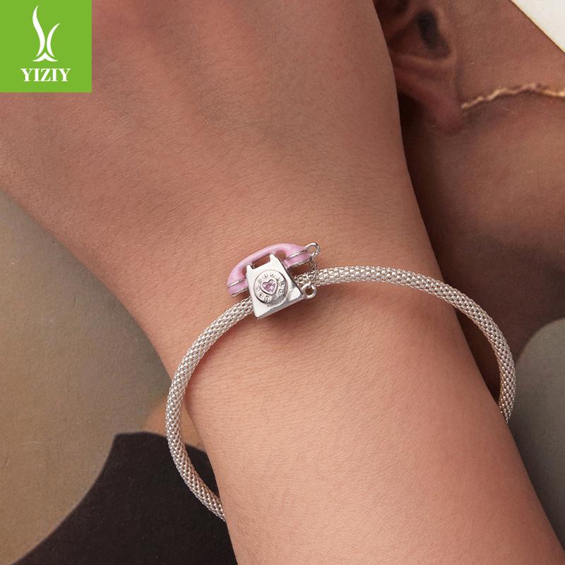 Pink Vintage Phone Diy Beaded Accessories Sweet Girly Heart Landline S925 Sterling Silver Beaded