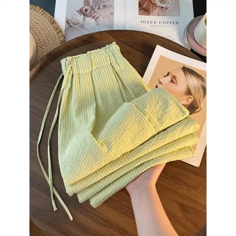 Women s Casual High Waist Drawstring Wide Leg Pants Lightweight Textured Fabric Summer Trousers S