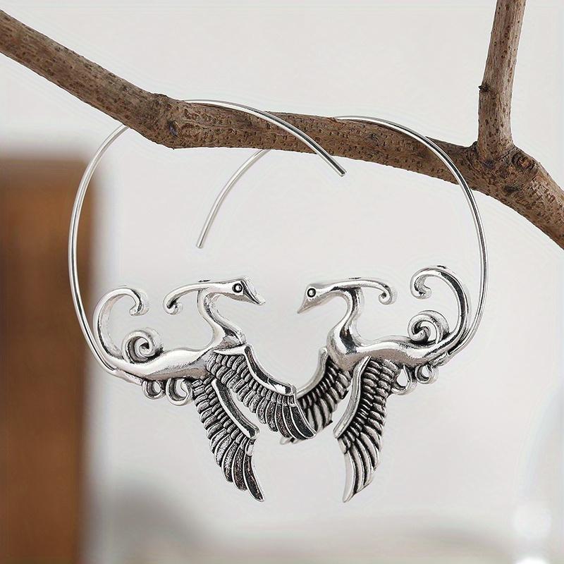 Серьги-кольца Птица Феникс Золотистый тон с кольцами