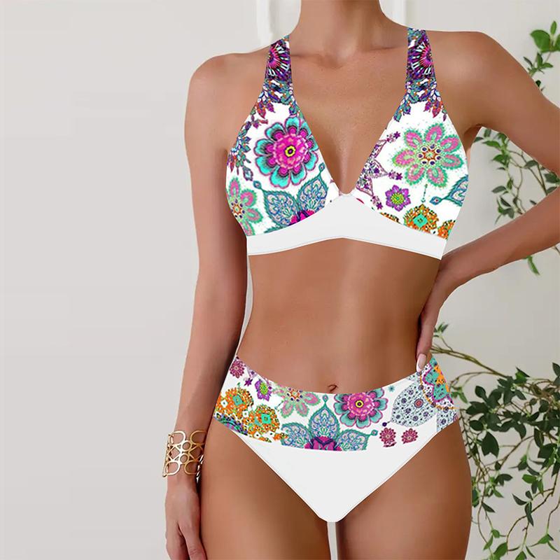 Dámské plavky bikiny 2dílné plavky ohlávka bez zad Plážové oblečení s modrým potiskem peří plavky plavky se zavěšeným výstřihem