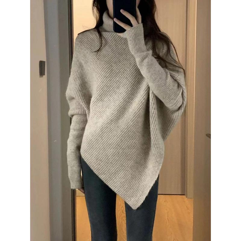 Women's Pure Wool Thickened Turtleneck Sweater, Irregular Loose Knit, Cozy Autumn/Winter Style
