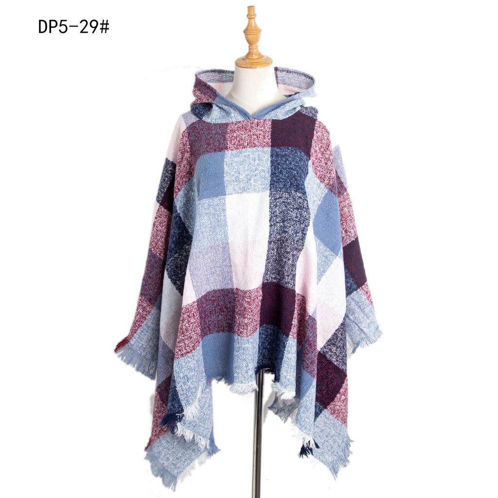 Women's Plaid Hooded Cape Ponchos Sweater Knitted Versatile Lightweight Warm Shawl Wrap Scarf Cape Poncho Pullover Cardigan Wrap Sweaters for Women