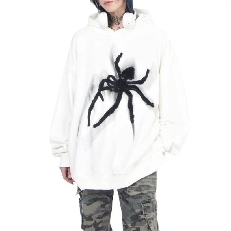 Felpa con Cappuccio Stampa Ragno Donna Streetwear Vestibilità Larga con Dettaglio Bottone Fondo Spaccato Stile Hip Hop