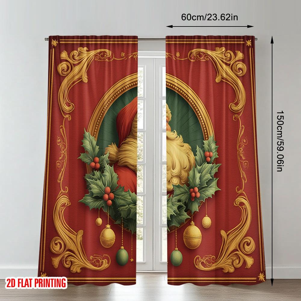 2pcs 2D Flat Printing Christmas Party Curtains Christmas Wreath Santa Claus Portrait Digital Printed Polyester Drapes Festive