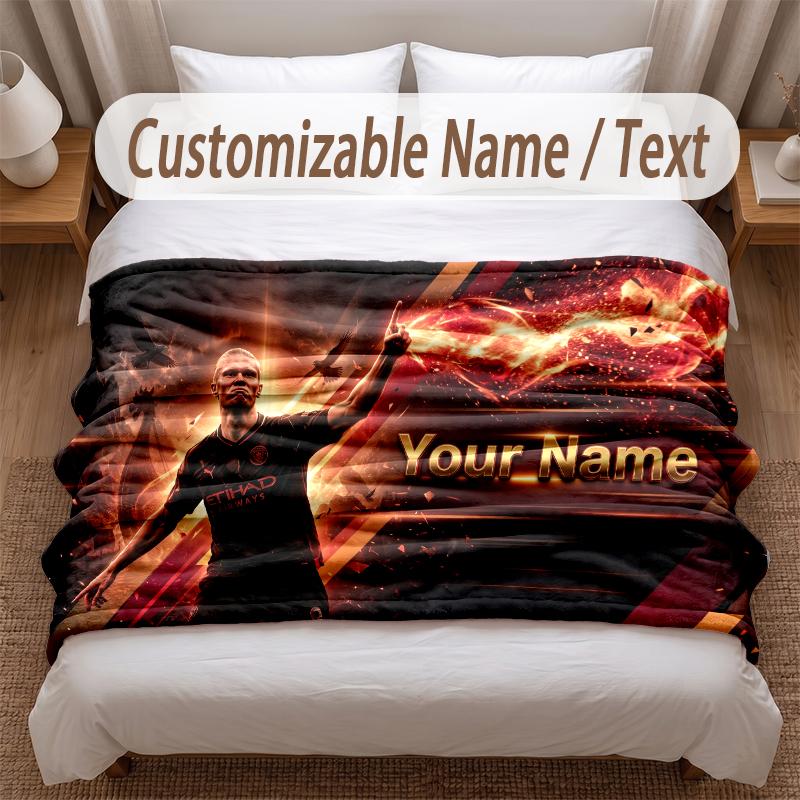 Erling Haaland Printed Flannel Blanket Custom Name Text Soft Warm Throw For Bedroom Holiday Gift