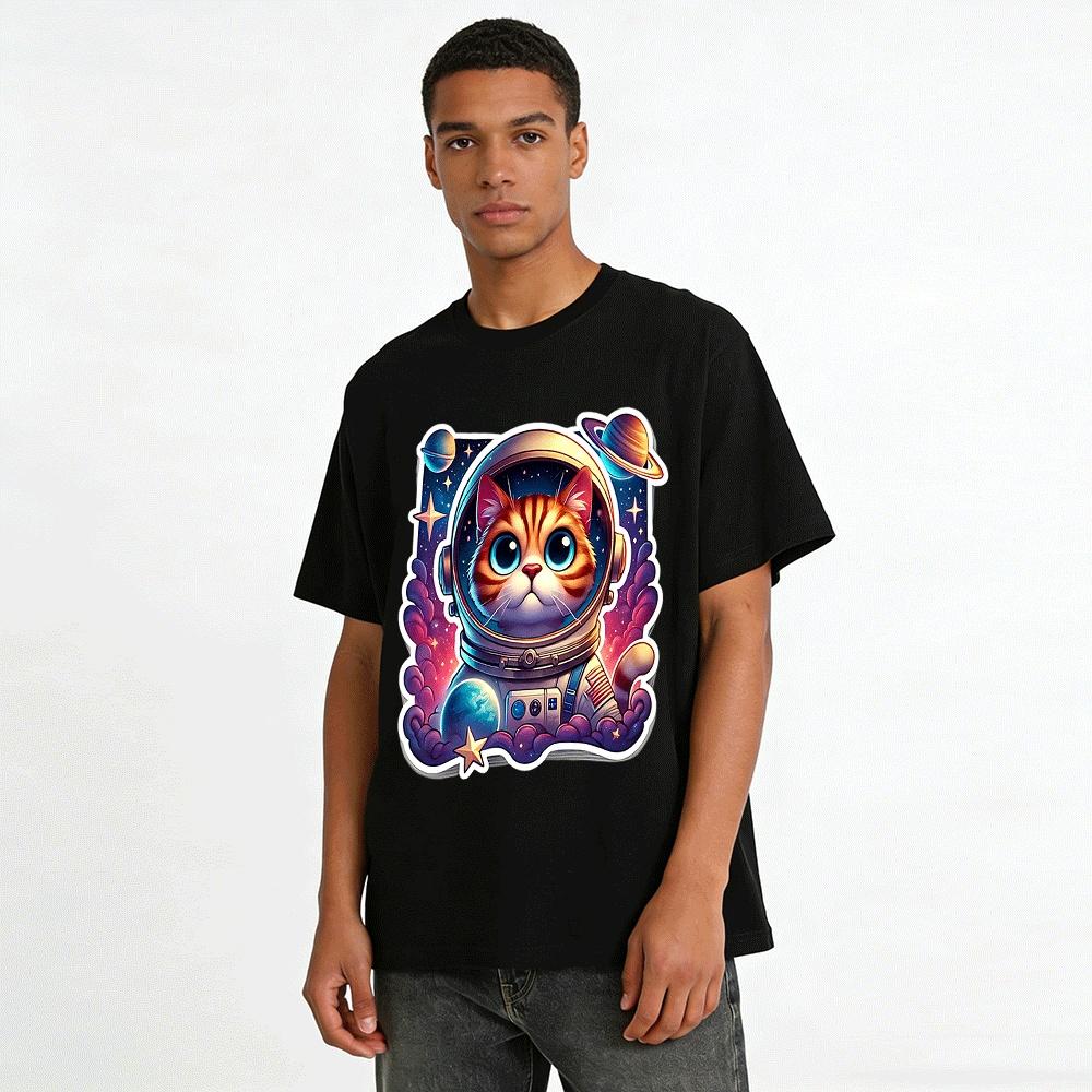 Cute Space Astronaut Orange Cat Print Casual T-Shirt Pure cotton T-shirt