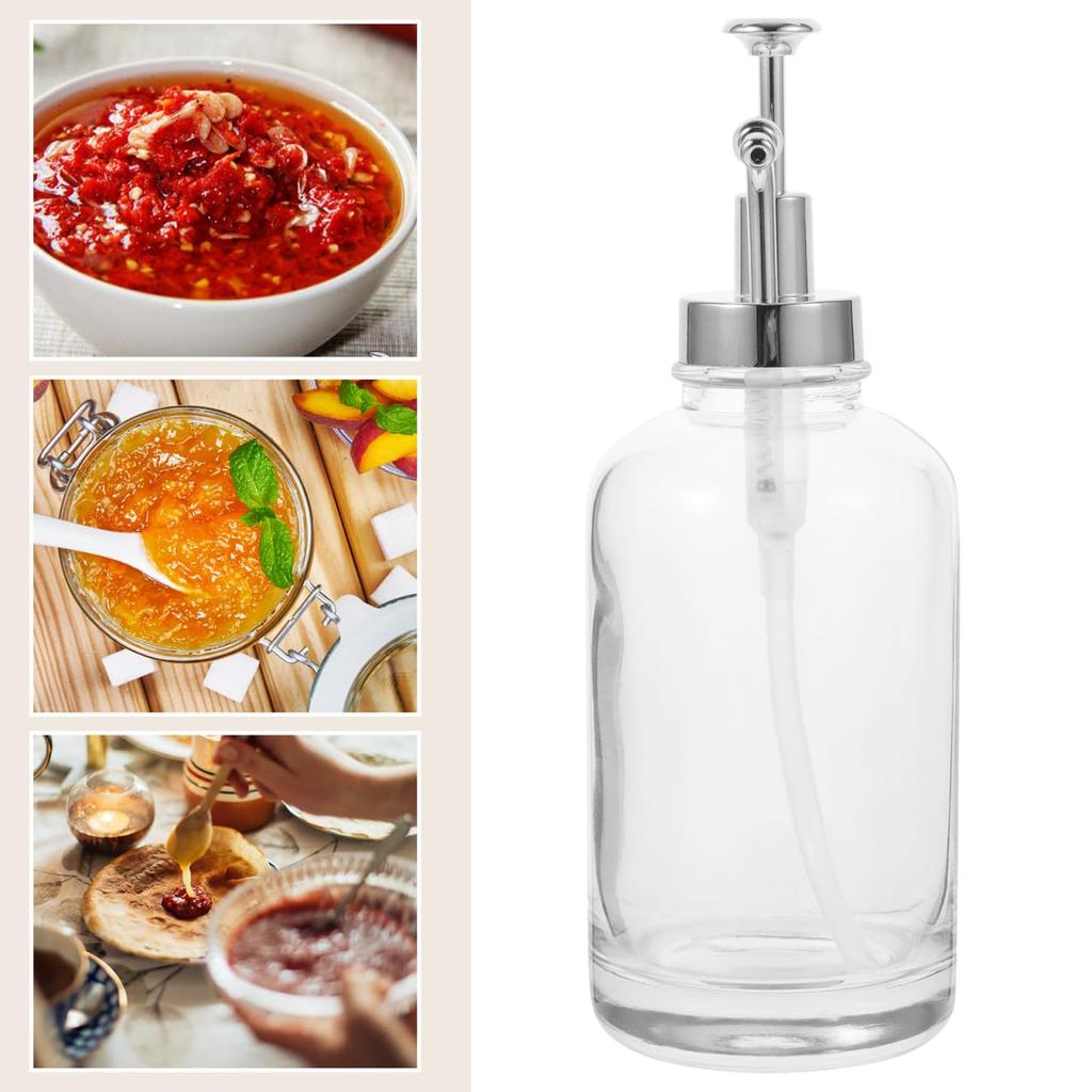 SAFIGLE Glass Syrup Dispenser Pump Bottle Lotion Soap Honey Dispenser Reusable 8.66X3.18In Compact Pump Lid for Kitchen Coffee Bar
