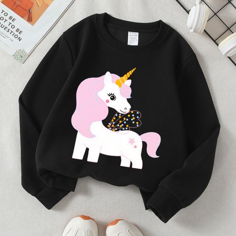 Kids Fall Winter Crew Neck Sweatshirt, Pink Hair Winged Unicorn Print