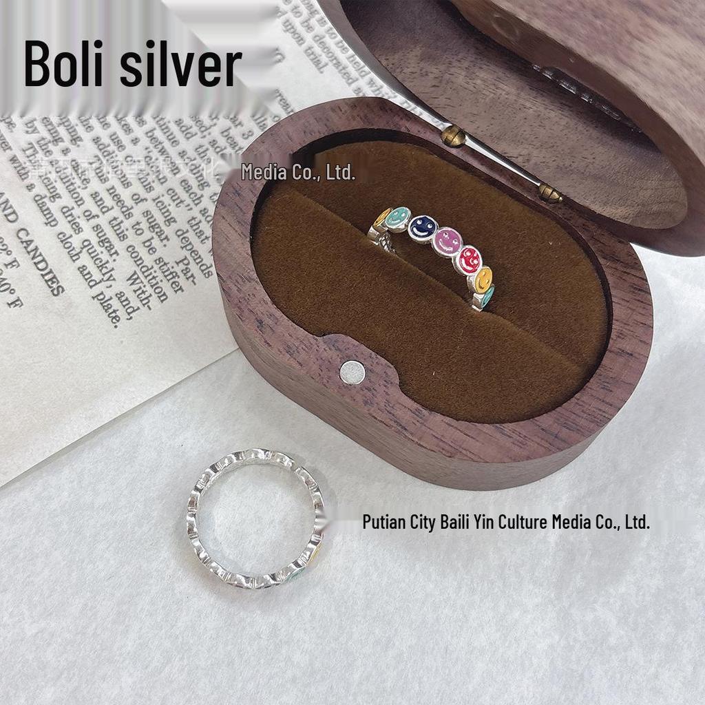 999 Sterling Silver Cloisonné Smile Couple Ring Set