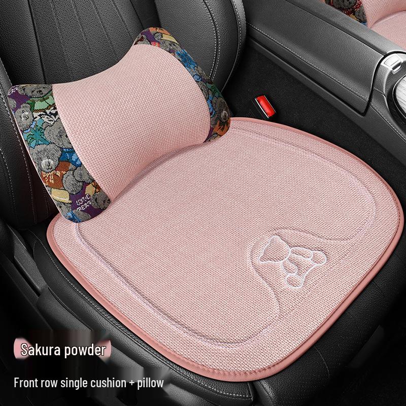 Four Seasons Universal Linen Car Seat Cushion - Cartoon Bear, Breathable, Half-Wrap Rear Seat Cover