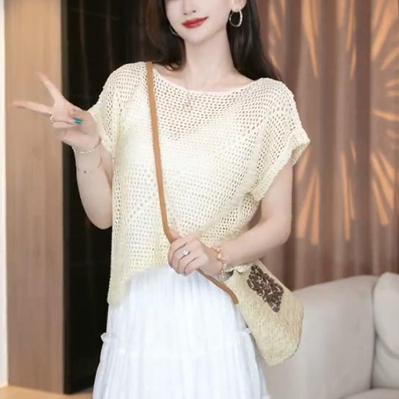 women hollow out sequin knit top round neck short sleeve casual blouse