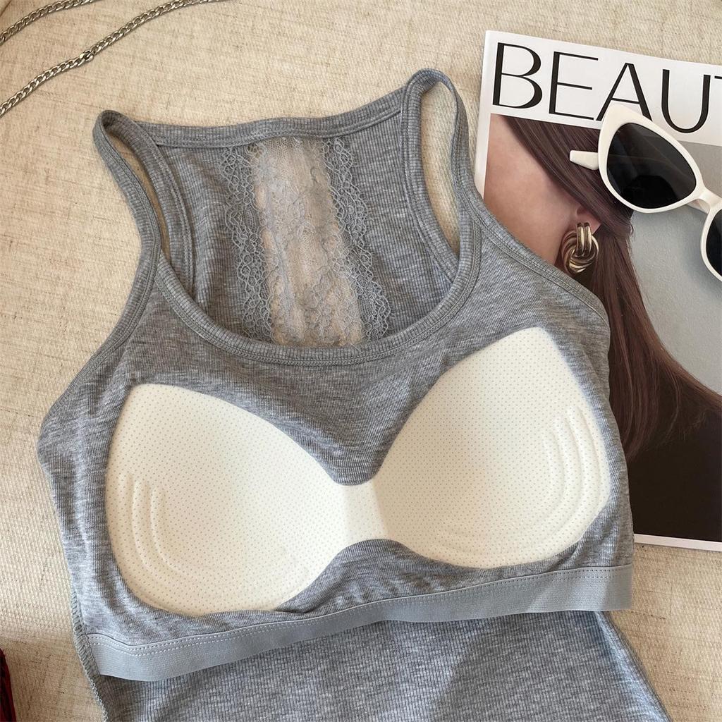 Dámské šedé krajkové patchworkové tílko cami bez zad s vycpávkami na prsou