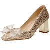 Luxury Block High Heels Pumps Wedding Shoes Bridal Sweet Bow-tied Gold Sequined Heeled Party Dress Shoes Woman 2025 Spring New