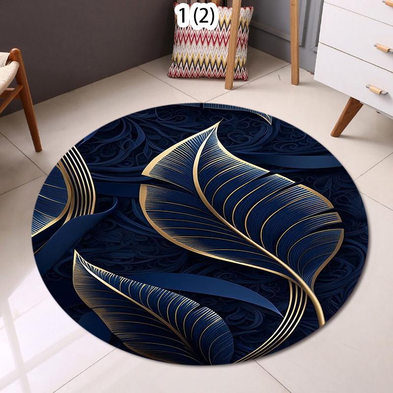 Dark Luxury Round Rug Soft Carpet Floor Mat Area Rug Non-Slip Navy Blue Gold Foil Feather Design for Home Living Room Minimalist