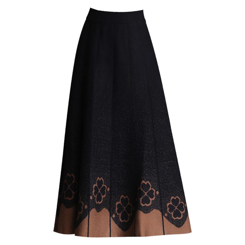 Slim-Fit A-Line Women's Autumn Winter Thickened Knitted Midi Skirt High Waist Embroidered Wool Long Winter Skirt