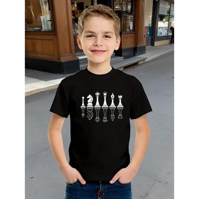 Short Sleeve Top for Boys Featuring Classic Chess Pieces Design Knight Pawn In Stylish Black and White Contrast Perfect for Casual
