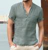 Men's Cotton Linen Short Sleeve Stand Collar Shirt