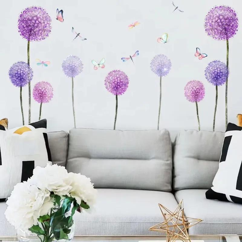 Purple Dandelion Butterfly Pattern Wall Stickers Home Decoration Stickers Accessories for Living Room Sofa Bedroom Background