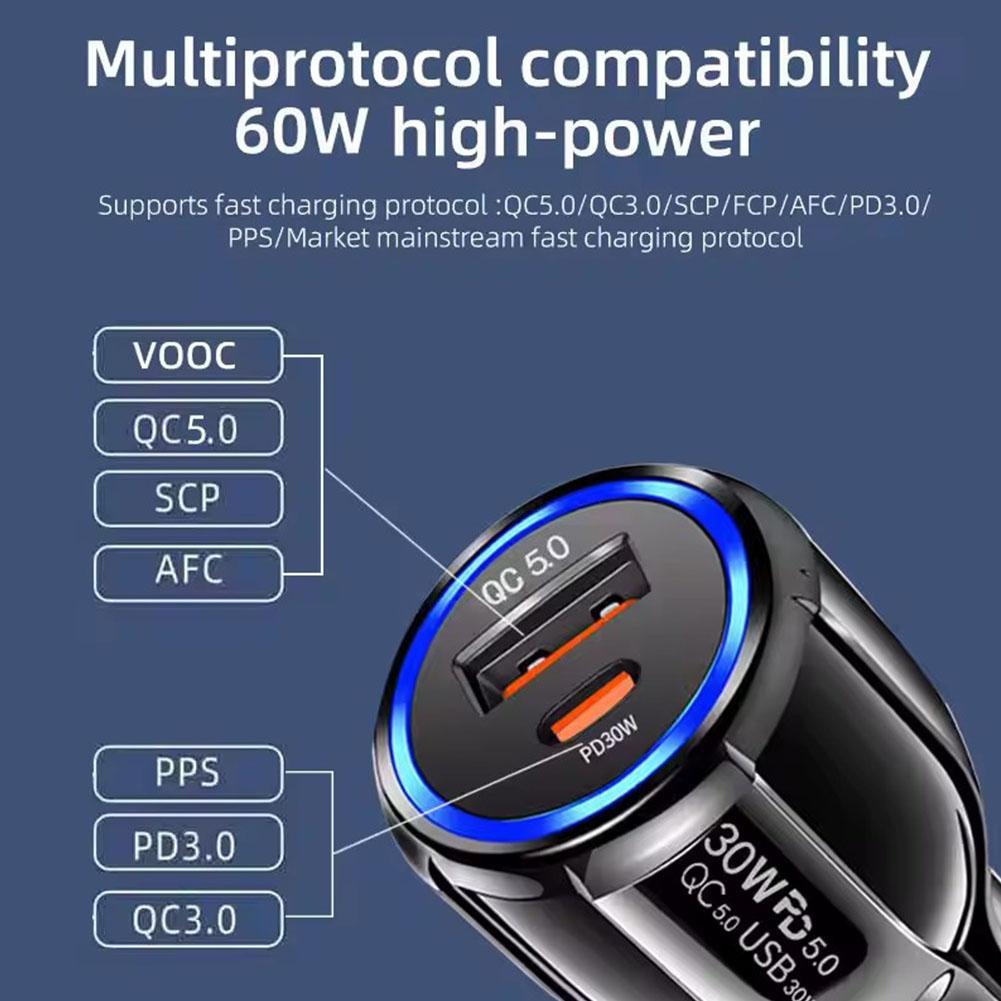 60W Dual Port QC5.0 USB PD 3.0 Fast Car Charger Super Fast Charging Adapter For Mobile Phone