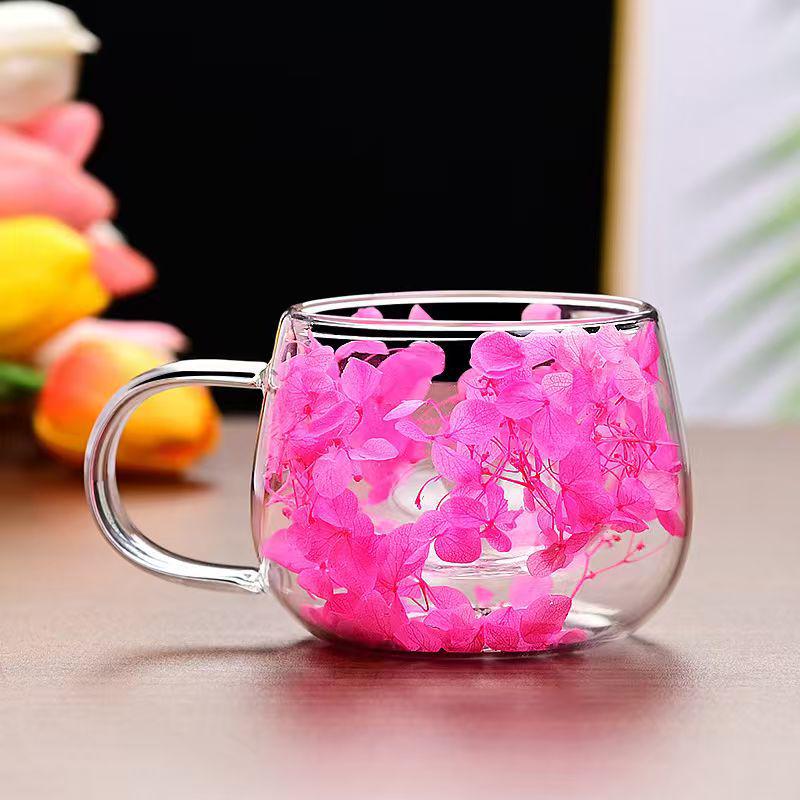 Doppellagiger Glasbecher mit konservierter Blume - Hitzebeständiger Borosilikatglasbecher für Kaffee oder Milch.