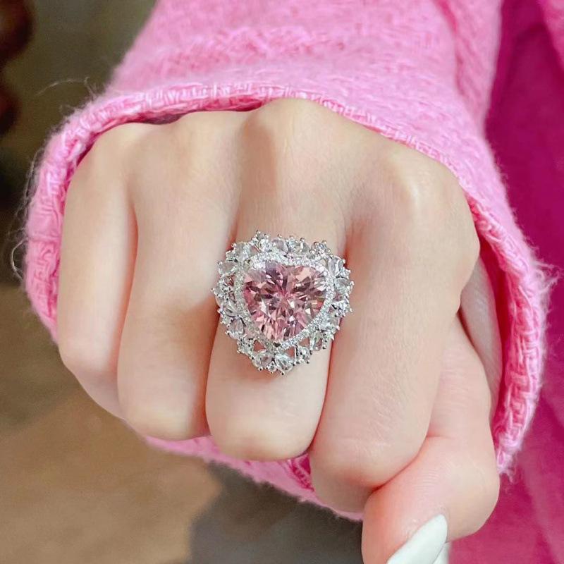 High-End Pink Peach Heart Ring for Women - Trendy Full Diamond Zirconia Style Inspired by Internet Celebrities