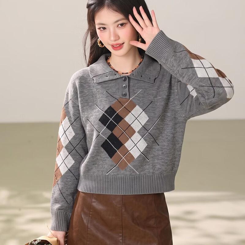 ZOSOUL Women's Long-Sleeve Argyle Polo-Collar Knit Sweater