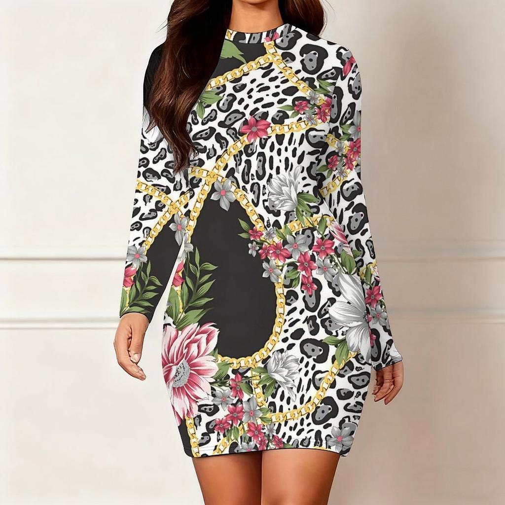 2025 Outono e Inverno Novo Estampa Floral 3D e Tingimento Moda Feminina Manga Longa Gola Redonda Vestido Envolvente de Quadril Dia dos Namorados Limitado