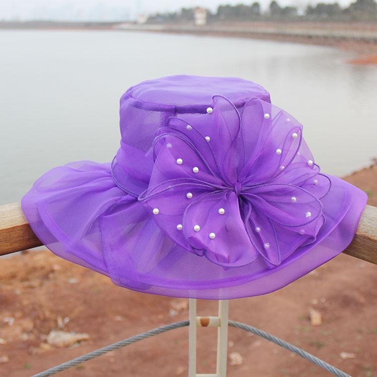 New Retro Wedding Hat Pearl Mesh Flower Top Hat Double Organza Sunshade Big Eaves Hat Sun Hat Women