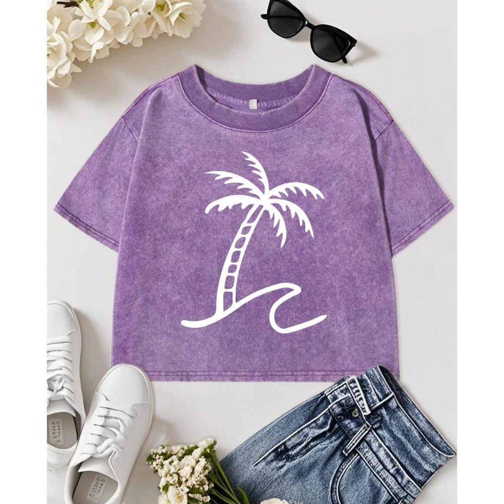 Simple Coconut Tree Print Washed T-Shirt Women Slim Y2K Crop Tee Shirts Cotton Summer Tops Short Sleeve Female