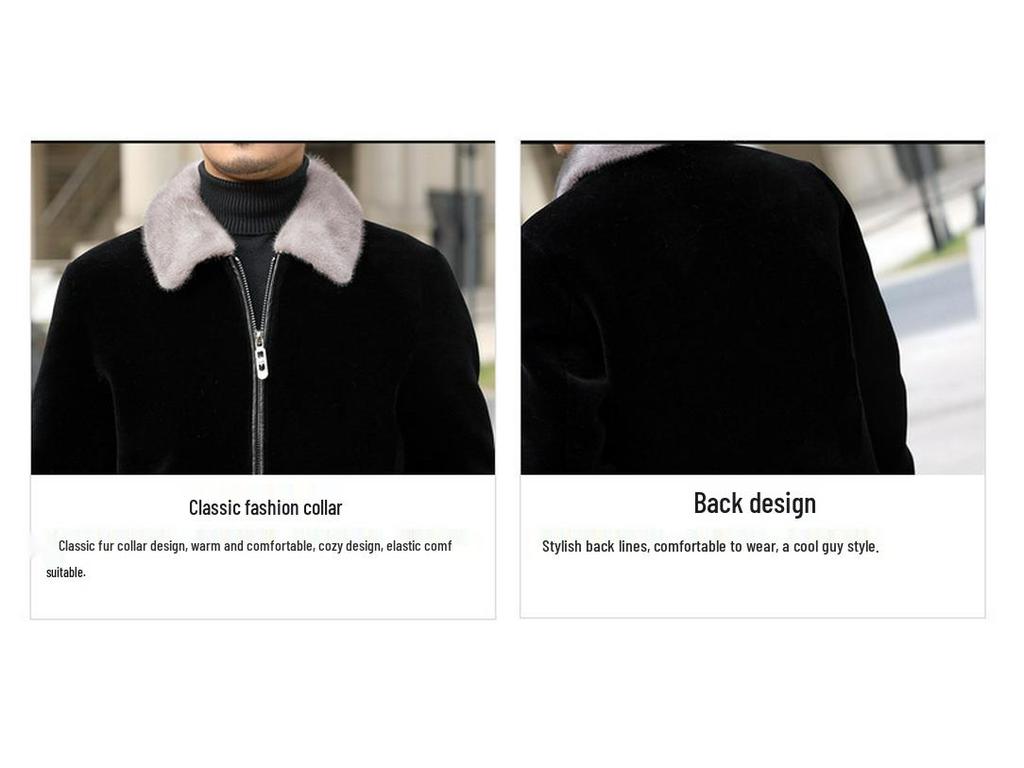 2024 Autumn/Winter Men's Thick Faux Mink Fur Coat with Full White Collar