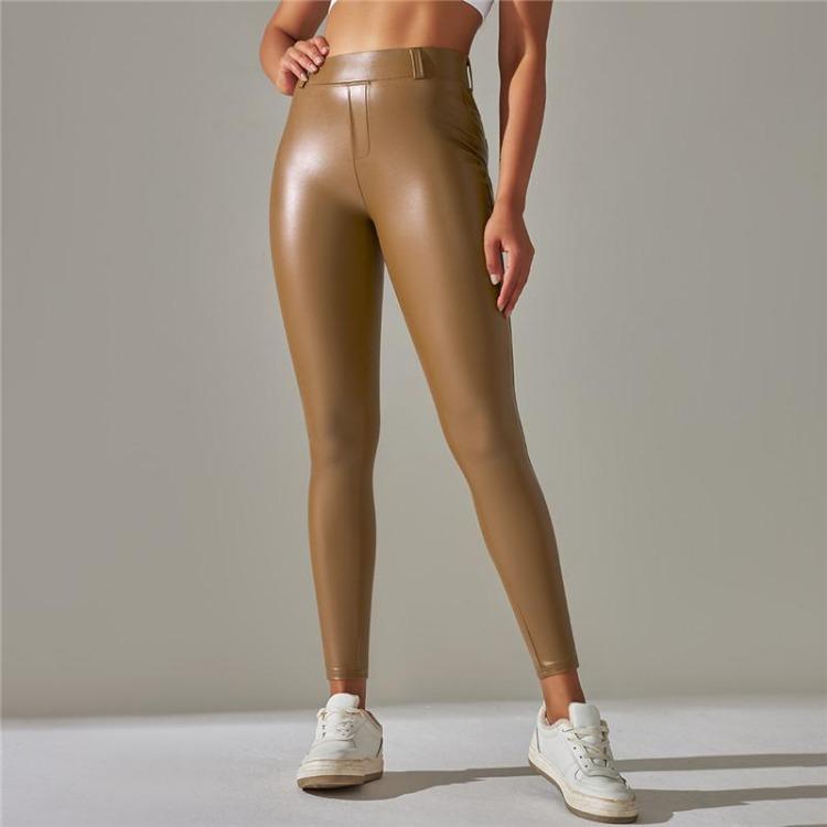 Teplé zimní PU kožené jógové kalhoty jednobarevné posilovací legíny s kapsami sportovní fitness legíny