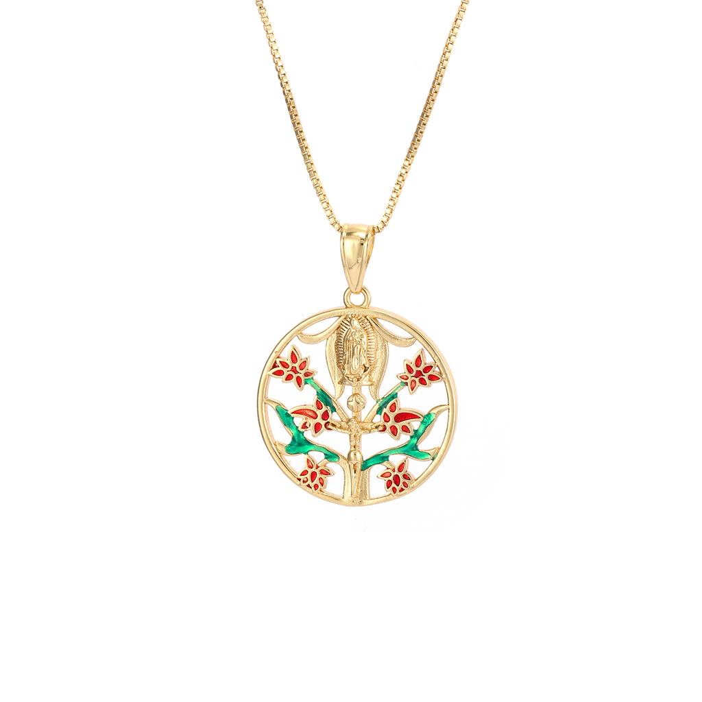 Nidin Vintage Our Lady Guadalupe Tree Of Life Pendant Necklace For Women Enamel Religious Virgin Mary Charm Christian Jewelry