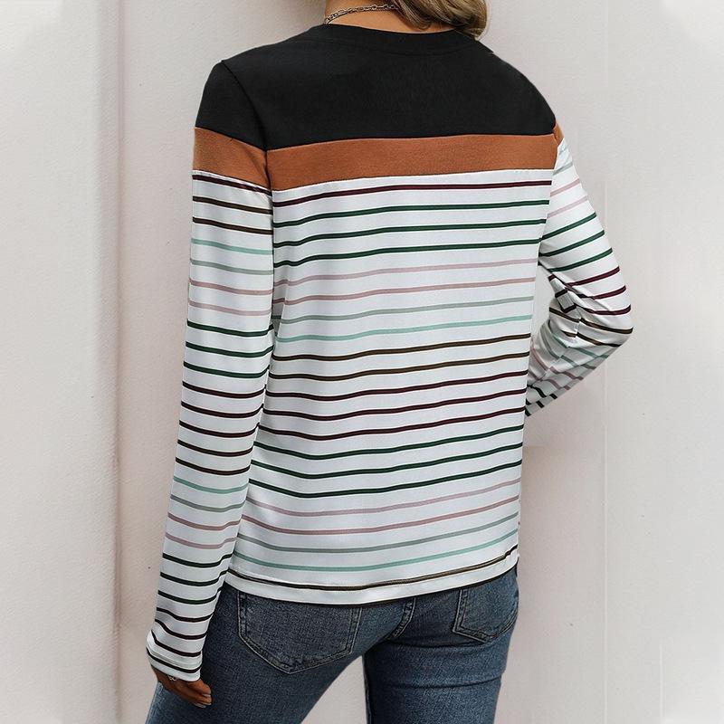 Summer Women Long Sleeve T-shirt O Neck Stripe