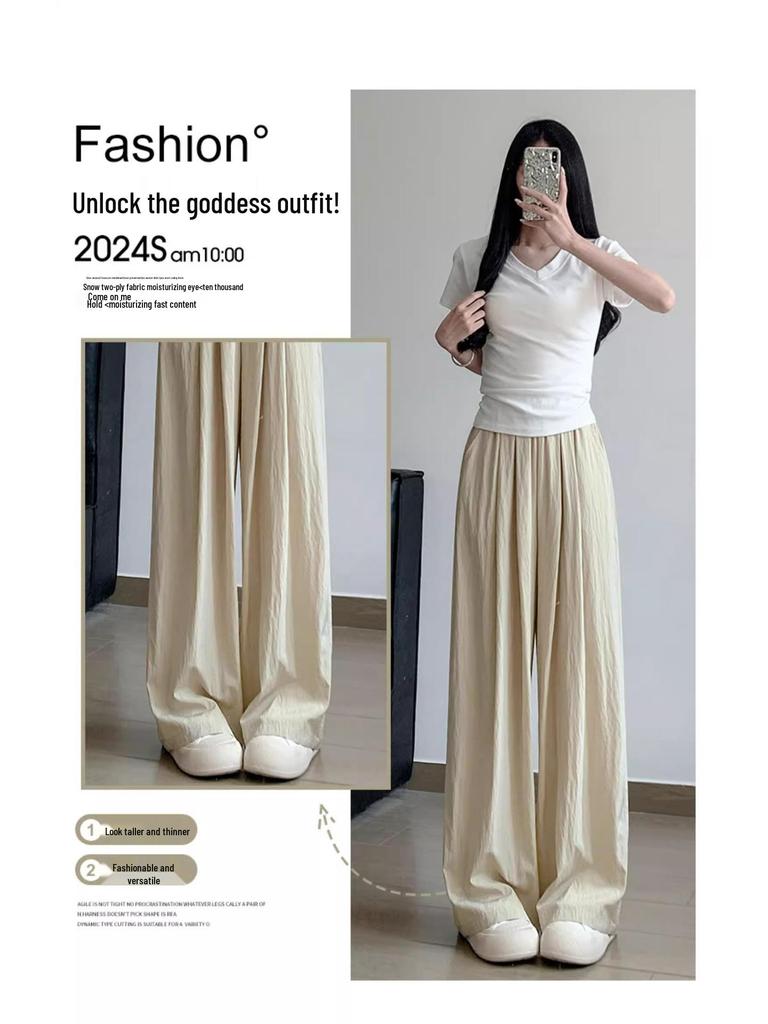 Petite Ice Silk Wide-Leg High Waist Summer Pants for Women