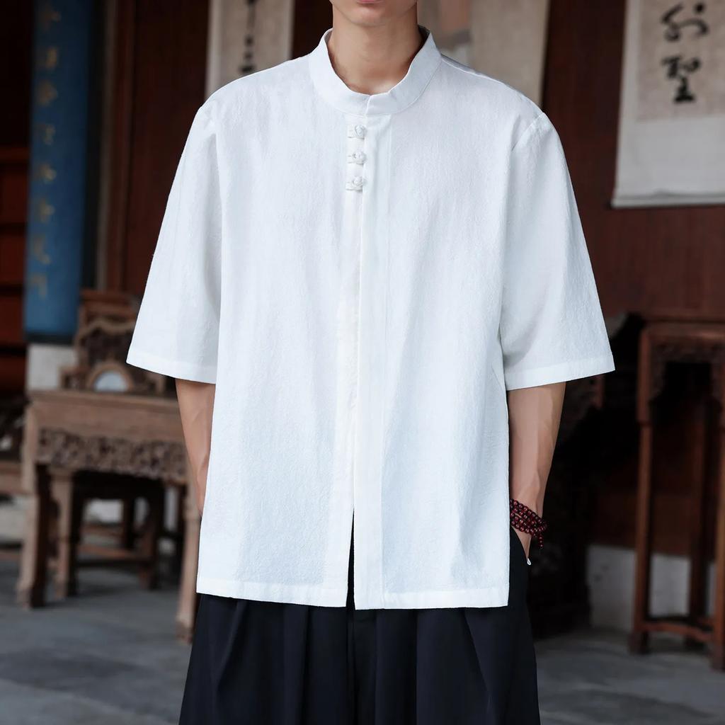 Summer Chinese Style Hanfu Stand Collar Frog Button Short Sleeve Shirt Men Retro Cotton Breathable Loose Oriental Casual Top