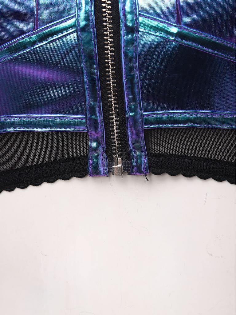 Dames Punk Stijl Crop Tanktop Metaalachtig Glanzend Doorzichtig Mesh Patchwork Verstelbare Bandjes Rits aan de Voorkant Cutout Vest