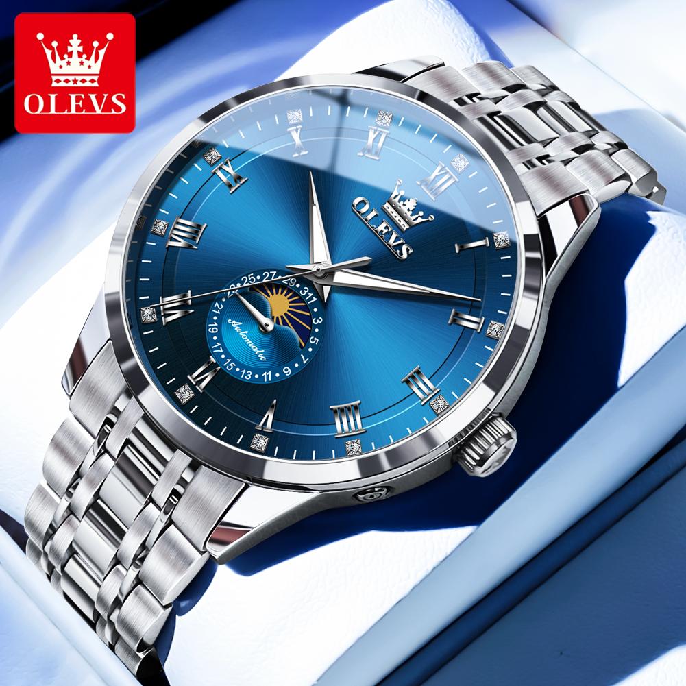 OLEVS 7063 Moon Phase Automatic Mechanical Men's Watches Stainless Steel 30M Waterproof Luminous Watch Original Luxury Man Watch