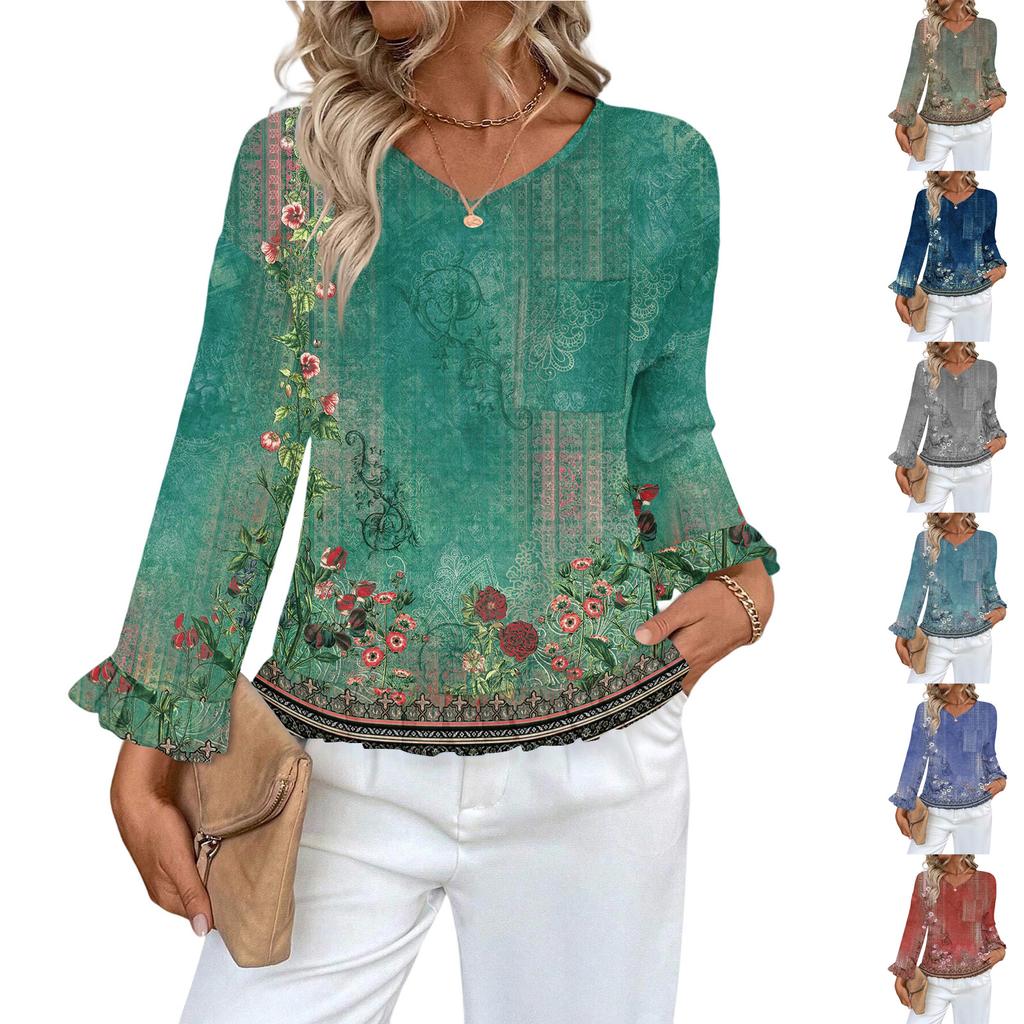 Dámský ležérní módní top s volánky, výstřihem do V, potiskem a dlouhým rukávem