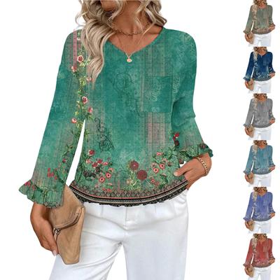 Women's Casual Fashion Ruffle V-Neck Pocket Print Long Sleeve Top