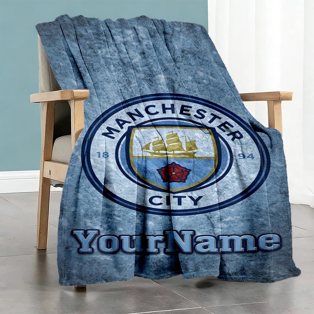 Manchester City Customize Text Blanket Gift Personalized Blanket Warmthful Decor Throw For Couch Office Chair Living Room Chair Four Seasons Universal