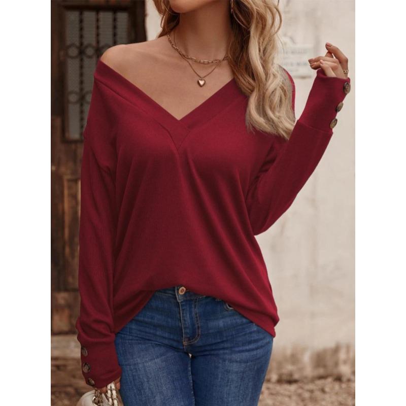 Solid Color V-neck Loose Long-sleeved T-shirt Button-down Top