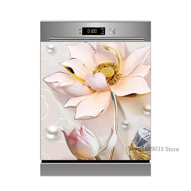 Lotus White Rose Kitchen Dishwasher Door Sticker Home Furniture Renovation Waterproof Vinyl Wallpaper Buddha Flower Room Decor