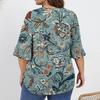 Women's Fashion Casual Retro Printed V-Neck Seven-Point Sleeve Ruffle Sleeve T-Shirt Tops Plus Size Women's