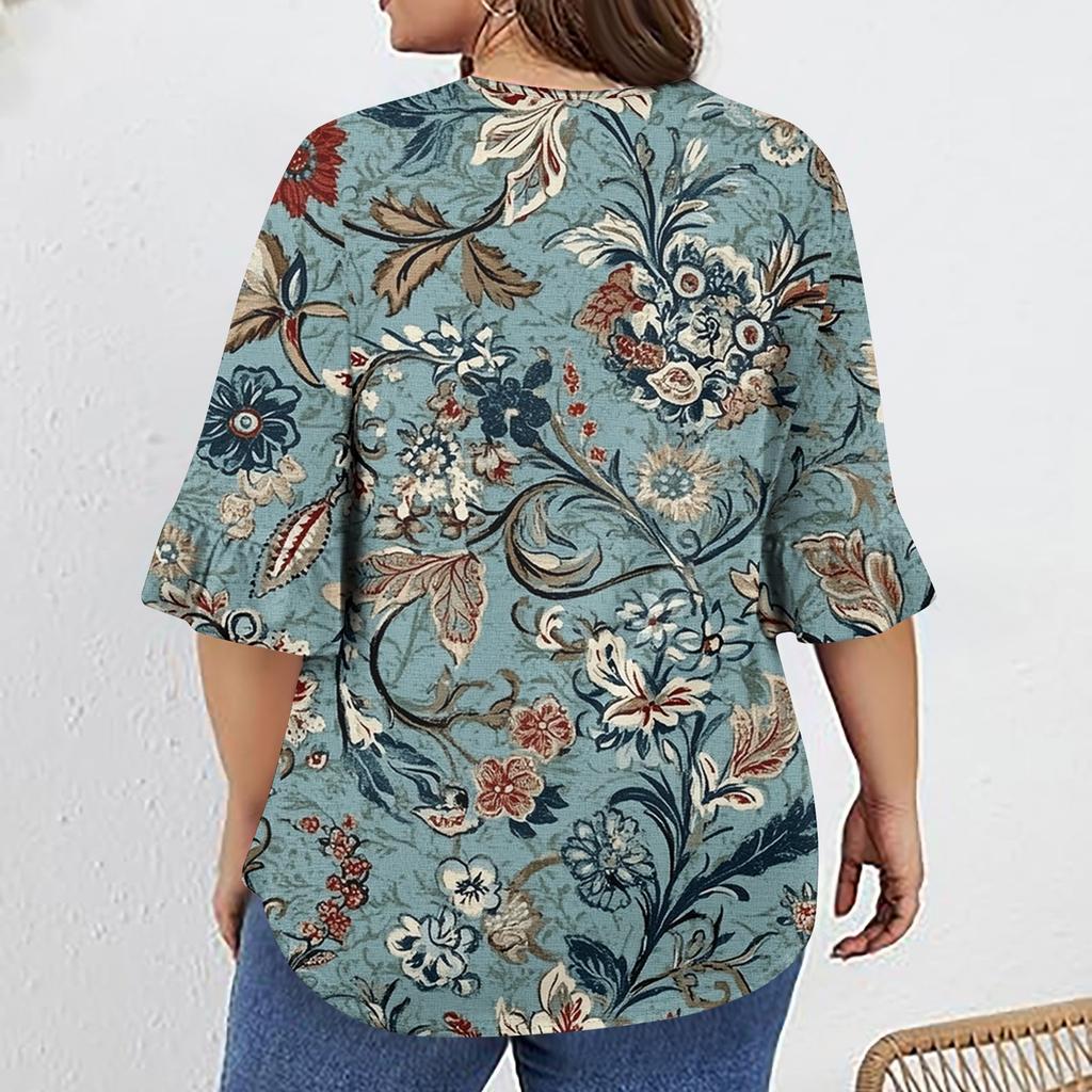 Women's Fashion Casual Retro Printed V-Neck Seven-Point Sleeve Ruffle Sleeve T-Shirt Tops Plus Size Women's