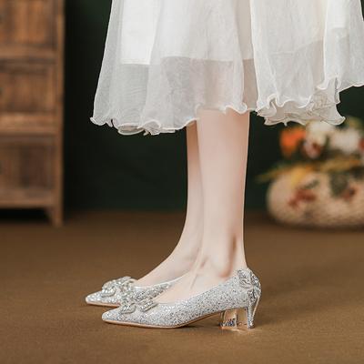 Bride's Main Wedding Shoes Xiuhe Wedding Dress Two Wear Crystal Shoes Women's 2025 New Autumn French Thick Heel Single Shoes Are Not Tired