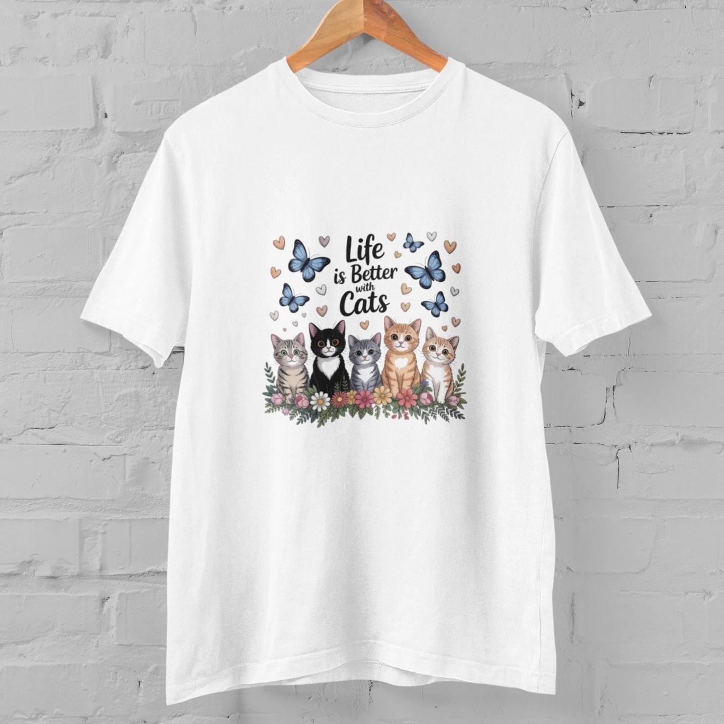 Life is Better with Cats Shirt Cute Cat Lover T-Shirt Kitten Graphic Tee Gift L