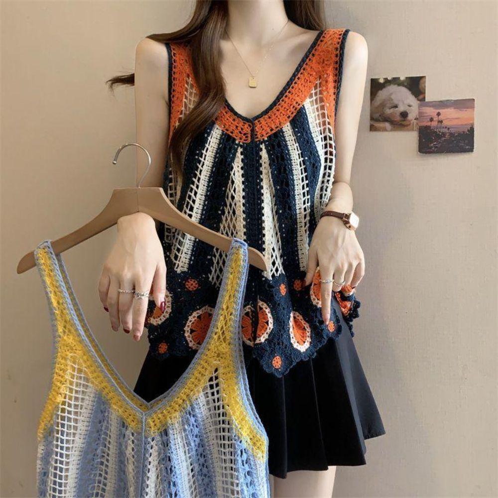 Versatile Hollowed Out Vest Dress Crochet Loose Sleeveless Cover Up Printed Knit Ethnic Bohemian Vest For Summer Beach Vacation