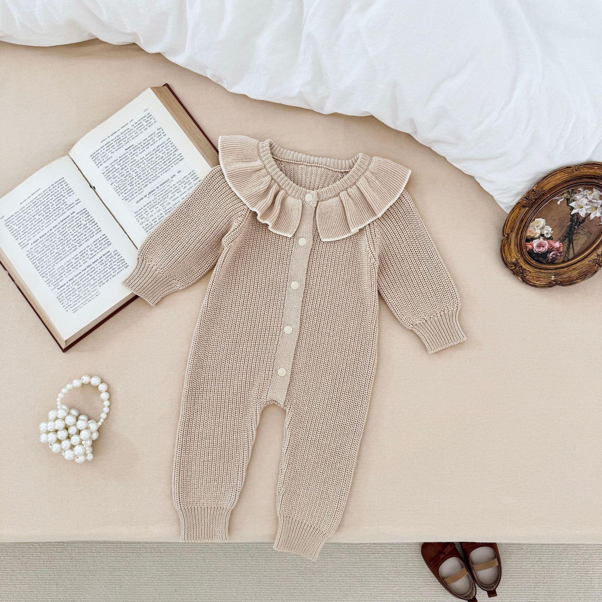 

Хлопковый ромпер с длинным рукавом для девочки с воротником-рюшем на весну/осень 73cm хаки