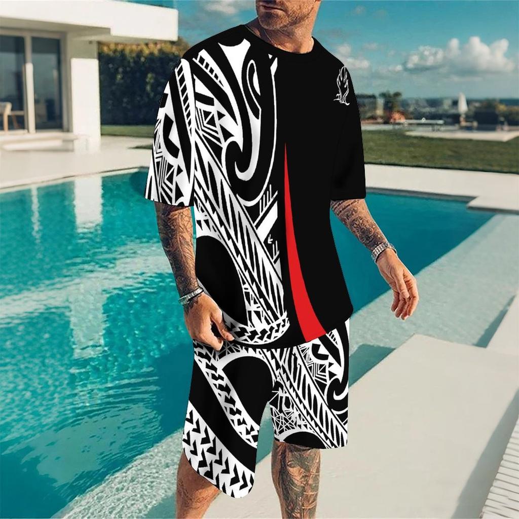 Men Grey White Vertical Thin Stripe Short Sleeve Tee And Matching Shorts Two Piece Suit
