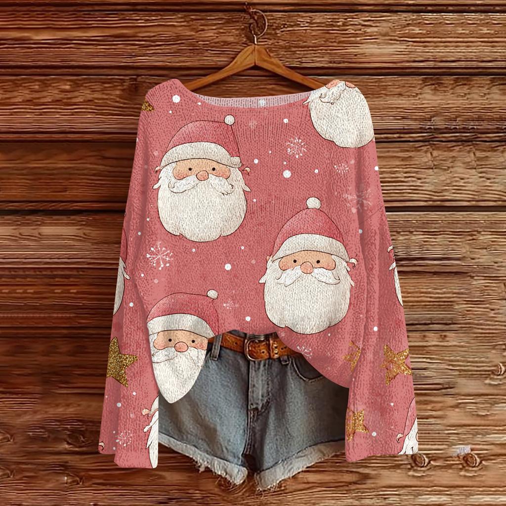 Women's Round Neck Lightweight Sweater Casual Long Sleeve Christmas Print Knit Pullover
